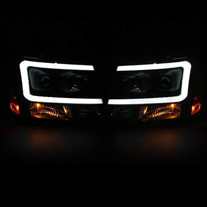 AmeriLite for 2007-2013 Chevy Avalanche Suburban Tahoe Super Bright LED Bar Projector Halogen Black Headlights Pair - Passenger and Driver Side - color: Black LED Bar