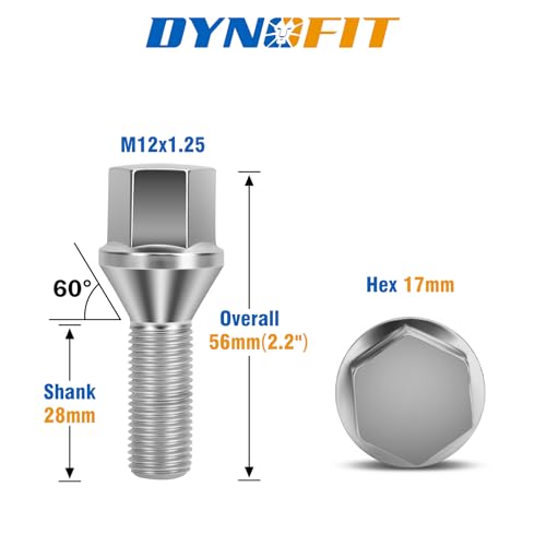 Dynofit M12x1.25 Lug Bolts Set Compatible with Je-ep Compass Cherokee Renegade, 20pcs 12mmx1.25 Lug Nuts Stud for Fiat 500 Dodge Dart Chrysler 200, 28mm Shank Wheel Bolts Replace OE#6511051AA 611-005