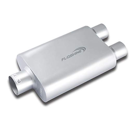 Universal Mufflers Performance Automotive Exhaust Aluminized Steel Muffler Dual Chamber 3" center inlet (ID) 2.5" dual outlet (ID) FH430402 - color: Silver, size: 3" in - 2.5" dual out
