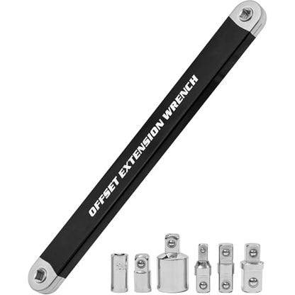 Offset Extension Wrench, Ratchet Extension Bar with 1/2", 1/4" and 3/8" Square Drive Adapters, Impact Wrench Extender for Access to Confined Fastener, Ratchet Extenders Tool with 3 Adapters Socket - color: Black