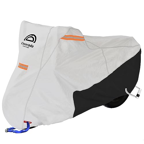 Coverado Motorcycle Cover Waterproof, All Weather Protection Outdoor Full Motorcycle Covers - UV Proof with Flame Retardant Fabric Fit for Harley Davidsion Yamaha Honda Suzuki (up to 93" Motors) - color: Silver-Black, size: XL 93"x36"x49"