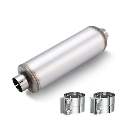LCGP 4" Exhaust Muffler&Clamp, 4'' Inlet & Outlet, 8" x 24" Body 30" Overall Length Universal Resonator, Performance Straight Through Slotting Design Welded on Exhaust Tip, Stainless Steel Mufflers - size: 4" Inlet 30" Overall Length(8" wide)