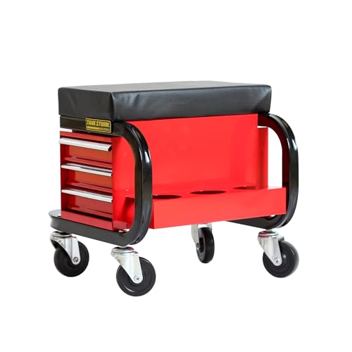 Tool Box Built-in Creeper Seat, Garage Shop Roller Seat, 3 Drawers Heavy Duty Tool Chest with 4 Rolling Casters-350 Lbs Capacity