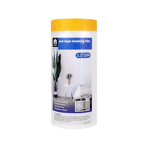 Voomey Pre-Taped Masking Film, Painters Tape with Plastic Attached, Automotive Painters Tape and Drape for Appliances, Furniture, Wood Surfaces & DIY Projects - 3ft x 82ft - size: 1100mm*25m, style: Standard Roll