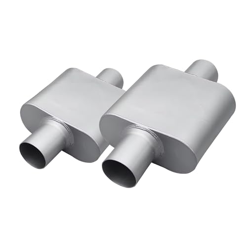 2.5" ID Center/Center Single Chamber Muffler Pair - Aggressive Deep Sound, Aluminized Steel, Welded/Clamp-On (13" Total Length) - size: 2.5 Inch-Silver