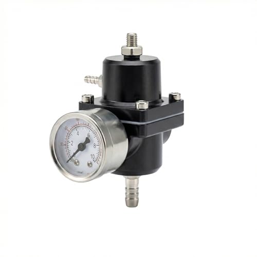 Universal Adjustable Fuel Pressure Regulator Kit 0-140 PSI Gauge Blue Aluminum FPR 11cm(4.33") Height for Gasoline Injection Performance (Black) - color: Black
