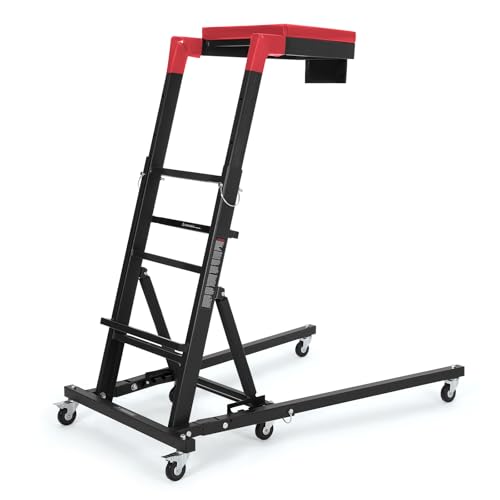 TrailBlaze Topside Automotive Engine Creeper – 400 lbs Capacity – Adjustable Height 48"-66" – Collapsible Heavy Duty Over Engine with 6 Swivel Casters, Thick Cushion & Tool Pouch – Black Shelf + Red - color: Black