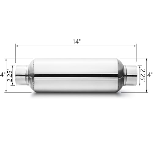 LCGP 2.25" Inlet Universal Resonator, 2.25" Outlet 13.77" Overall Length Stainless Steel High Performance Muffler, Polished, Pass-Thru Design - color: Silver, size: 2.25" Inlet 13.8" Overall Length