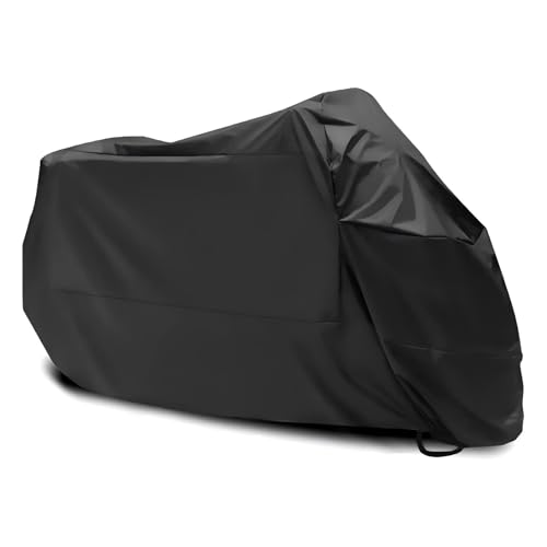 Motorcycle Cover, All Season Universal Weather Waterproof Motorcycle Covers, Sun Outdoor Protection Motorbike Cover with Lock-Holes & Storage Bag, Suitable for 250cc Cruiser Bike (Black)