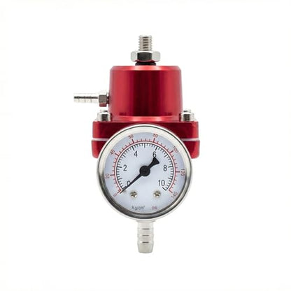Universal Adjustable Fuel Pressure Regulator Kit 0-140 PSI Gauge Blue Aluminum FPR 11cm(4.33") Height for Gasoline Injection Performance (Red) - color: Red