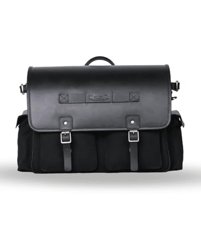 Trip Machine Company Expedition Motorcycle Saddle Bags – 25L Each (50L Pair) 16oz Heavy-Duty Canvas & Leather Panniers, Waterproof Lining with Rain Cover (Left Side, Black) - color: Black, style: Left Side