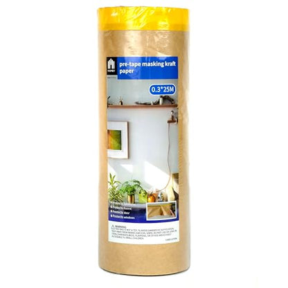 Voomey Pre-Taped Masking Paper for Painting - 12 inch x 82 feet Tape and Drape Painters Paper, Paint Adhesive Protective Paper Roll for Covering Skirting, Frames, Cars and DIY Projects - size: 300mm*25m, style: Standard Roll