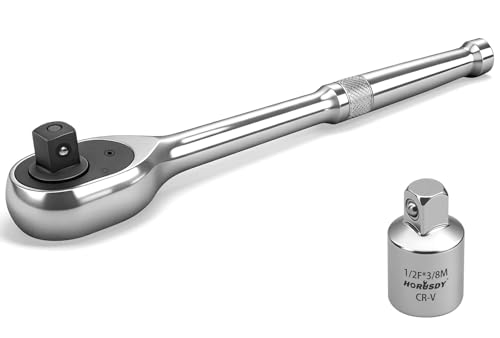 HORUSDY 1/2" Drive 90T Quick-Release Ratchet Handle, Reversible Chrome Alloy Socket Wrench with 1/2" to 3/8" Adapter, Durable and Comfortable for Automotive, DIY, Industrial and Bicycle Repairs - color: 1/2" Drive 90t Silver