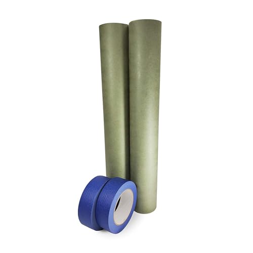 IDL Packaging Premium Masking Paper Kit - 18" x 60 Yards Green Masking Paper (2 Rolls) and 1.41" x 60 Yards Blue Tape (2 Rolls) - Surface Protection Kit for Painting & Renovation - color: 18"x180', Green, size: 2 Rolls + Tool