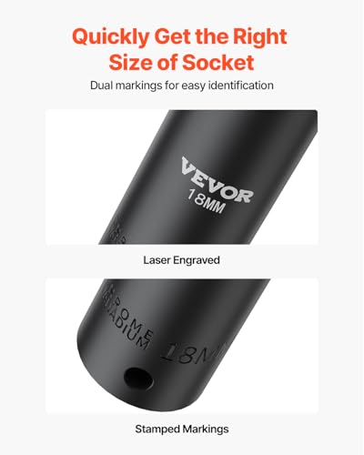 VEVOR 1/2" Drive Impact Socket Set, 26 Piece, Metric 10 to 36 mm - size: 1/2" 26 PCS