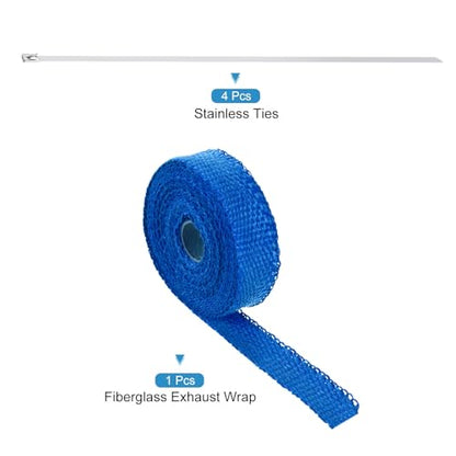MECCANIXITY Fiberglass Exhaust Wrap Tape 1" x 16' Blue with 4 Ties - color: Blue, size: 1" x 16'