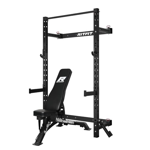 RitFit 2.36'' x 2.36'' Folding Squat Rack for Home Gym, Wall Mounted Squat Rack with Attachments - Space Saving Squat Power Rack - color: Black, style: Folding Squat Rack with Bench