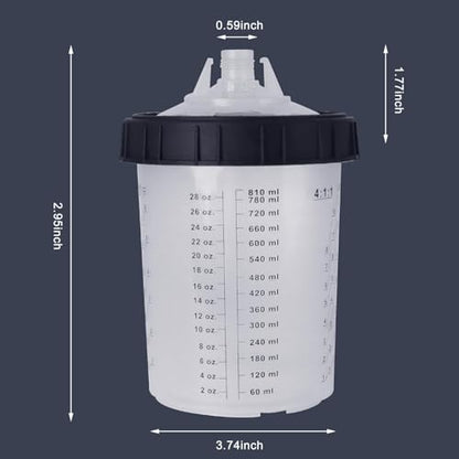 Disposable Paint Cups for Automotive Paint Gun, HVLP Paint Spray Gun 27 Ounce (800ml) Kit with 50 Cups and Lids Systerm, 1 Hard Cup with Retainer Ring and 10 Plugs - size: 27 Ounce Kit