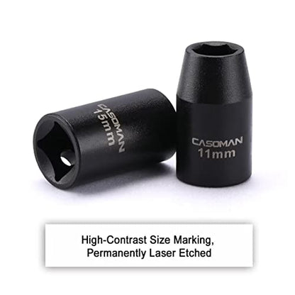 CASOMAN 14 Pieces 1/2-Inch Drive Shallow Impact Socket Set, Metric, 6-Point, 11mm to 32mm - size: 11mm-32mm, Shallow