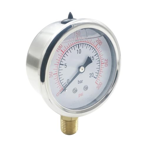Joywayus Pressure Gauge 0-300 PSI Brass 1/4" NPT Male Thread Lower Mount, Glycerin Filled, Stainless Steel Case, Multiple Function - size: 0-300PSI--1/4", style: Glycerin Filled
