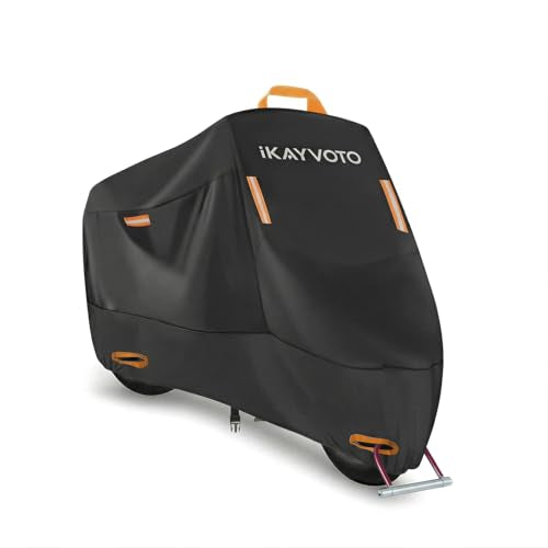 Motorcycle Cover 420D Heavy Duty | All Season Waterproof Outdoor Weather Sun Rain Protection Powersports Vehicle Cover | with 4 Reflective Tape, Lock-Holes, Storage Bag fits up to 96.5" - size: 96.5"