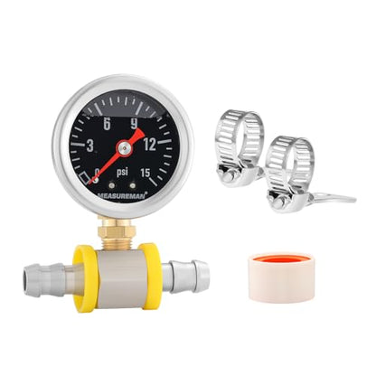 MEASUREMAN 0-15 Psi Glycerin Filled Fuel Pressure Gauge, 1.5” Dial, 304 Stainless Steel Case, 1/8” NPT Lower Mount, with 3/8” Fuel Line Adapter, Copper Tube & Fittings, Red Aluminum Pointer - size: 0-15 psi, style: Lower Mount (7 Pieces Kit Black)
