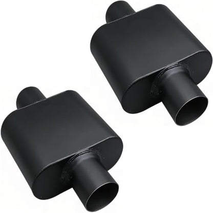 2.25" ID Center/Center Single Chamber Muffler Pair - Aggressive Deep Sound, Aluminized Steel, Welded/Clamp-On (13" Total Length) - size: 2.25 Inch-Black