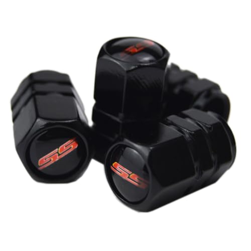 (Set of 4) 68mm=2.67 inches SS Wheel Center Cap Covers Hub Cap 3D Emblem + Valve Stem Caps Trim for 2016-2023 6th Generation Chevrolet Camaro - color: Red SS on gloss black cap, valve caps included