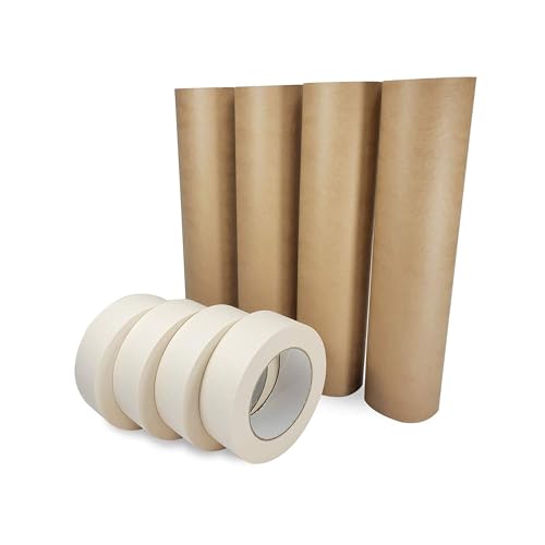 IDL Packaging 12" x 60 Yards Brown Masking Paper Set with Tape (4 Rolls) - size: 12" X 60 Yards, style: SET White, Pack of 4