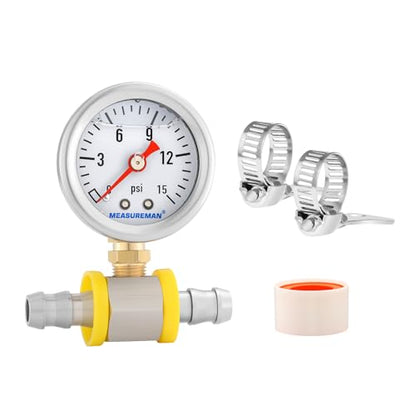 MEASUREMAN 0-15 Psi Glycerin Filled Fuel Pressure Gauge, 1.5” Dial, 304 Stainless Steel Case, 1/8” NPT Lower Mount, with 3/8” Fuel Line Adapter, Copper Tube & Fittings, Red Aluminum Pointer - size: 0-15 psi, style: Lower Mount (7 Pieces Kit)