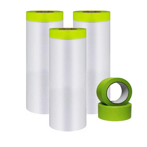 Painters Tape and Drape, 3 Rolls Automotive Painters Tape and Plastic Film, Paint Covering Roll for Cars and Auto Body (55in X 65-Feet)
