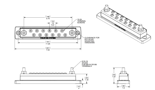 Blue Sea Systems 2105 250 Amp MaxiBus BusBar with 12 screws - style: 250A - 18 Stud, no Cover