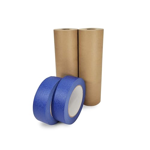 IDL Packaging Masking Paper and Tape Set - 9" x 60 Yards Brown Masking Paper (2 Rolls) and 1.41" x 60 Yards Blue Painter’s Tape (2 Rolls) - Masking Kit for Painting and Home Improvements - color: 09"x180', Brown, size: 2 Rolls + Tool