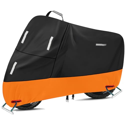 SECELES Waterproof Motorcycle Cover 300d Oxford Heavy Duty Powersports Vehicle Covers with Windproof Buckles Motorcycle Rain Cover for Dirt Bike (XXXL 96" x 37" x 50" Black & Orange) - color: Black & Orange 2, size: XXXL (96" x 37" x 50")