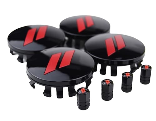(Set of 4) 63mm=2.5 inches // Slash Wheel Center Caps Covers HubCaps + Tire Valve Stem Caps Trim for Dodge Charger Challenger Durango Hornet Dart R/T SRT Magnum Nitro Journey Caliber Avenger - color: red // on gloss black wheel caps + tire valve caps