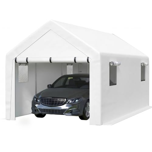 Jocoevol 10x20 FT Enclosed Carport with Roll-up Windows, Removable Sidewalls & Doors and Sandbags for Car Boat Truck Motorcycle, White - color: White, size: 10x20ft