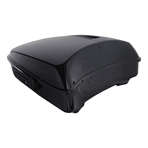 TCT-MOTORPARTS Vivid Black Chopped Tour Luggage Trunk w/Back Latches Hardware Mount Bracket & Backrest Fit for Harley 2014-2025 Touring Road Glide Road King Street Glide Ultra Limited - color: Gloss Black Chopped Trunk+Chrome Rack
