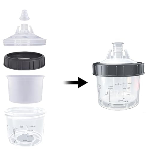 Disposable Paint Spray Gun Cup System for HVLP Paint Spray Paint Gun,Standard 6 Ounce (180ml) Kit with 50 Cups and Lids, 1 Hard Paint Mixing Cup with Retainer Ring and 20 Plugs - color: Dis-180m1-50pcs