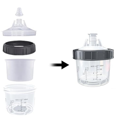 Disposable Paint Spray Gun Cup System for HVLP Paint Spray Paint Gun,Standard 6 Ounce (180ml) Kit with 50 Cups and Lids, 1 Hard Paint Mixing Cup with Retainer Ring and 20 Plugs - color: Dis-180m1-50pcs