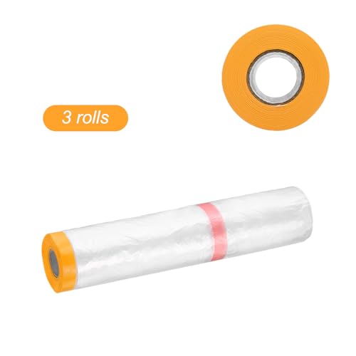 HARFINGTON 3Roll Pre-Taped Masking Film 177.2"x65.6ft for Painting Covering - size: 177.2"x65.6ft