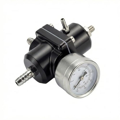 Universal Adjustable Fuel Pressure Regulator Kit 0-140 PSI Gauge Blue Aluminum FPR 11cm(4.33") Height for Gasoline Injection Performance (Black) - color: Black
