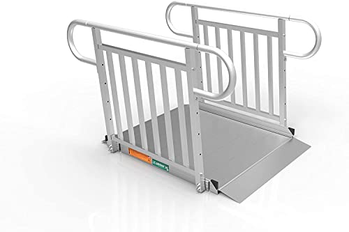 EZ-ACCESS - Portable Wheelchair Ramp and Aluminum Ramp with Handrails - Heavy Duty Mobility Device, Handicap Ramp with Solid Surface for Steps, and Vertical Picket Handrails - 3G 5-Foot, Silver - size: 60 Inch (Pack of 1), style: Ramp + vertical picket ra