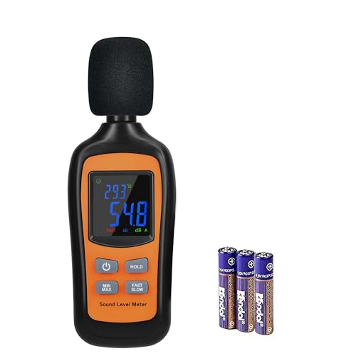 Decibel Meter for Home, Noisy Neighbor, Factory, Workplace, School – Digital Sound Level Meter with Temperature Function, 35-135dB SPL Meter A-Weighted, Fast/Slow Mode, Max/Min & Data Hold - color: Orange & Black
