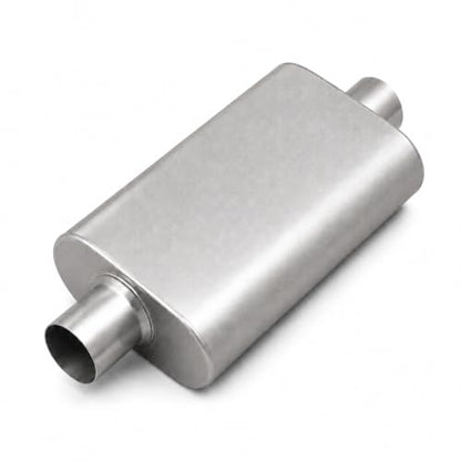 Universal 2.5" ID Center/Center Dual Chamber Muffler - Aggressive Deep Sound, Silver Aluminized Steel, Welded/Clamp-On (17" Total Length) - color: Silver, size: 2.5 Inch