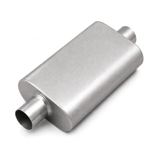 Universal 2.25" ID Center/Center Dual Chamber Muffler - Aggressive Deep Sound, Silver Aluminized Steel, Welded/Clamp-On (17" Total Length) - color: Silver, size: 2.25 Inch