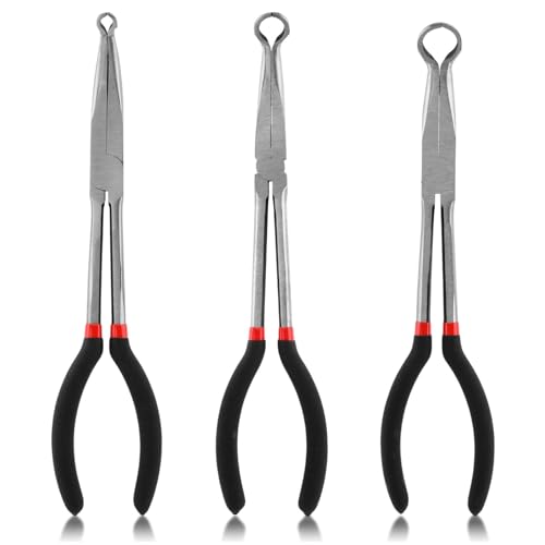 3PCS 11" Long Hose Grip Pliers, 5/16 Inch, 1/2 Inch, 3/4 Inch Ring Nose Hose Gripper Pliers Kit, O-shape Tip Serrated Jaws, Offset Spark Plug Boot Removal Pliers for Narrow Space