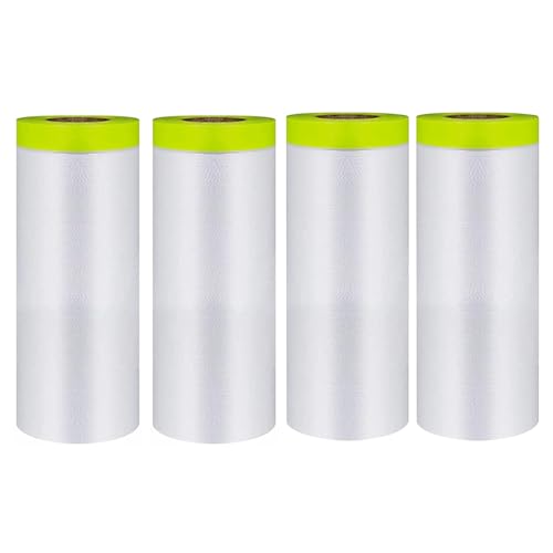 Pre-Taped Masking Film 59" x 66' (4 Roll), Painters Plastic Sheeting with Tape for Overspray Protection,Painting Cover for Cars, Walls, Floors, Furniture - size: 59" x 66'