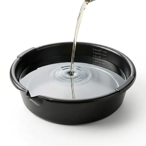 7 Quart Oil Drain Pan, Black Polypropylene Anti-Splash Waste Oil Catch Basin with Built-In Scale & Pour Spout, Portable Low Profile Drip Pan for Car, Motorcycle & Lawn Mower Engine Maintenance