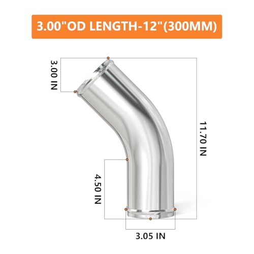 GASHER 1PCS 45 Degree Elbow Aluminum Alloy Tube Intercooler Pipe Air Intake Tube 3"OD, Leg Length 12" (300mm) with Bead Roll - color: 45 degree（With Clamps）, size: 3"OD (1 PC)