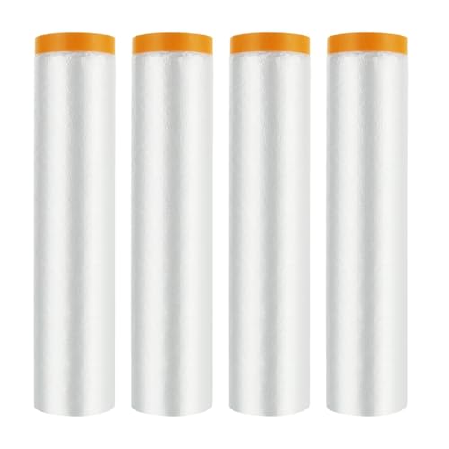 4 Rolls Pre-Taped Masking Film Plastic Sheeting Painters Plastic with Tape Paint Adhesive Protective Film Roll for Painting Covering Walls Windows Auto Body, 8.8 x 65 Feet